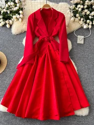 Autumn Winter Women Red/Khaki/Black Notched Collar Party Long Dress Elegant Patchwork A-Line Midi Vestidos Female New Fashion