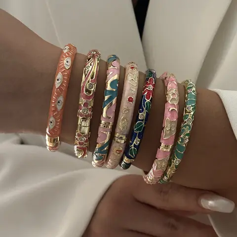 Elegante Brazalete de Esmalte con Textura Floral para Mujer, Chapado en Oro Retro, con Ojo Turco y Circones, Joyería de Fiesta
