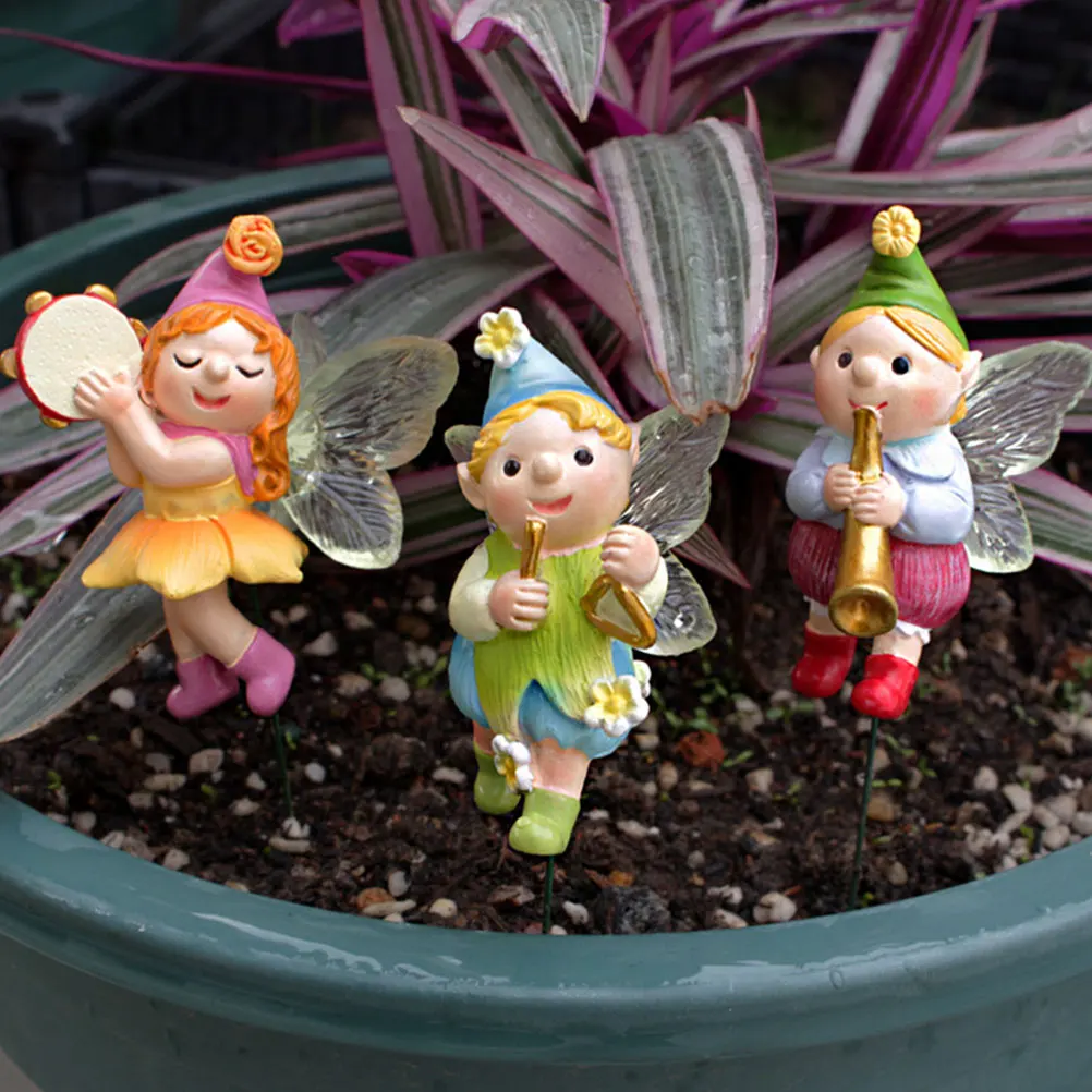

4 Pcs Musical Elf Garden Stakes Resin Crafts Yard Ornaments Cartoon Lawn Decoration Outdoor Pathway Art Plant Pot Stakes