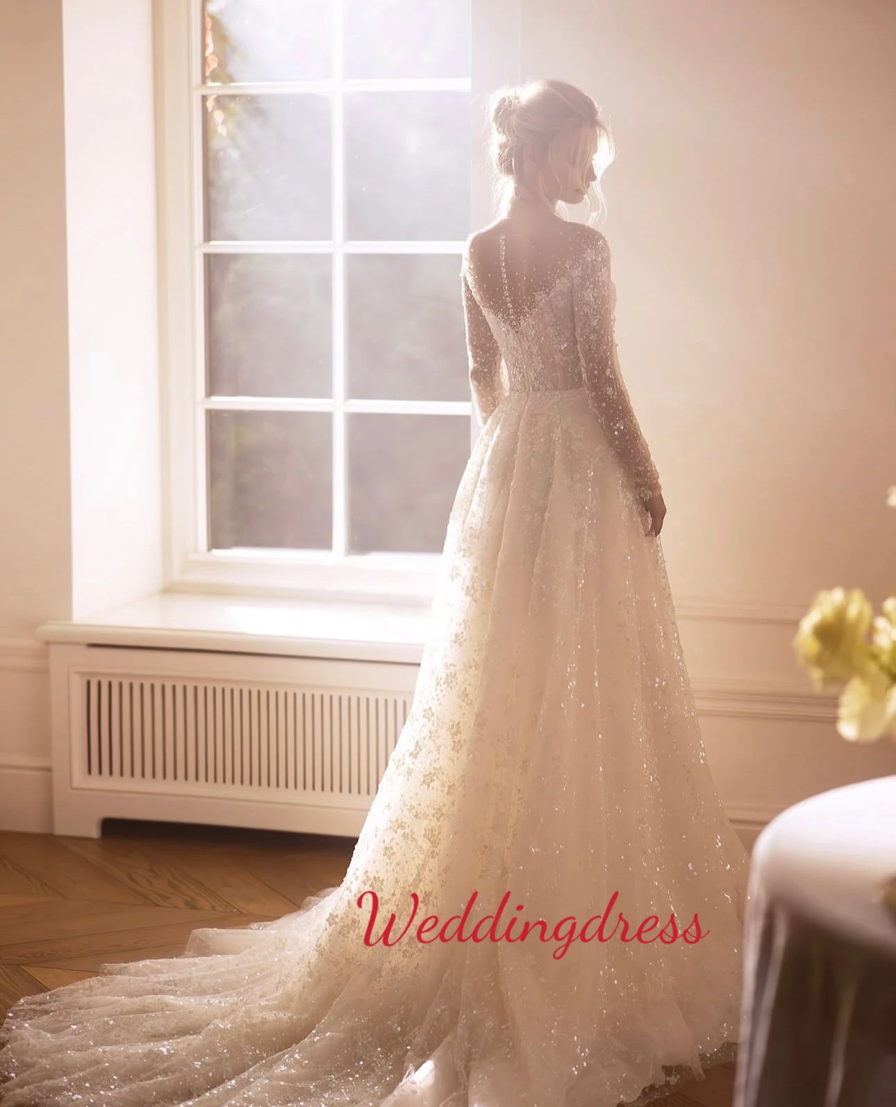 

Customized Sparkly Sequins Pearls Wedding Dress Classic O-neck Bride Robe Graceful Long Sleeve Bridal Gown vestidos de