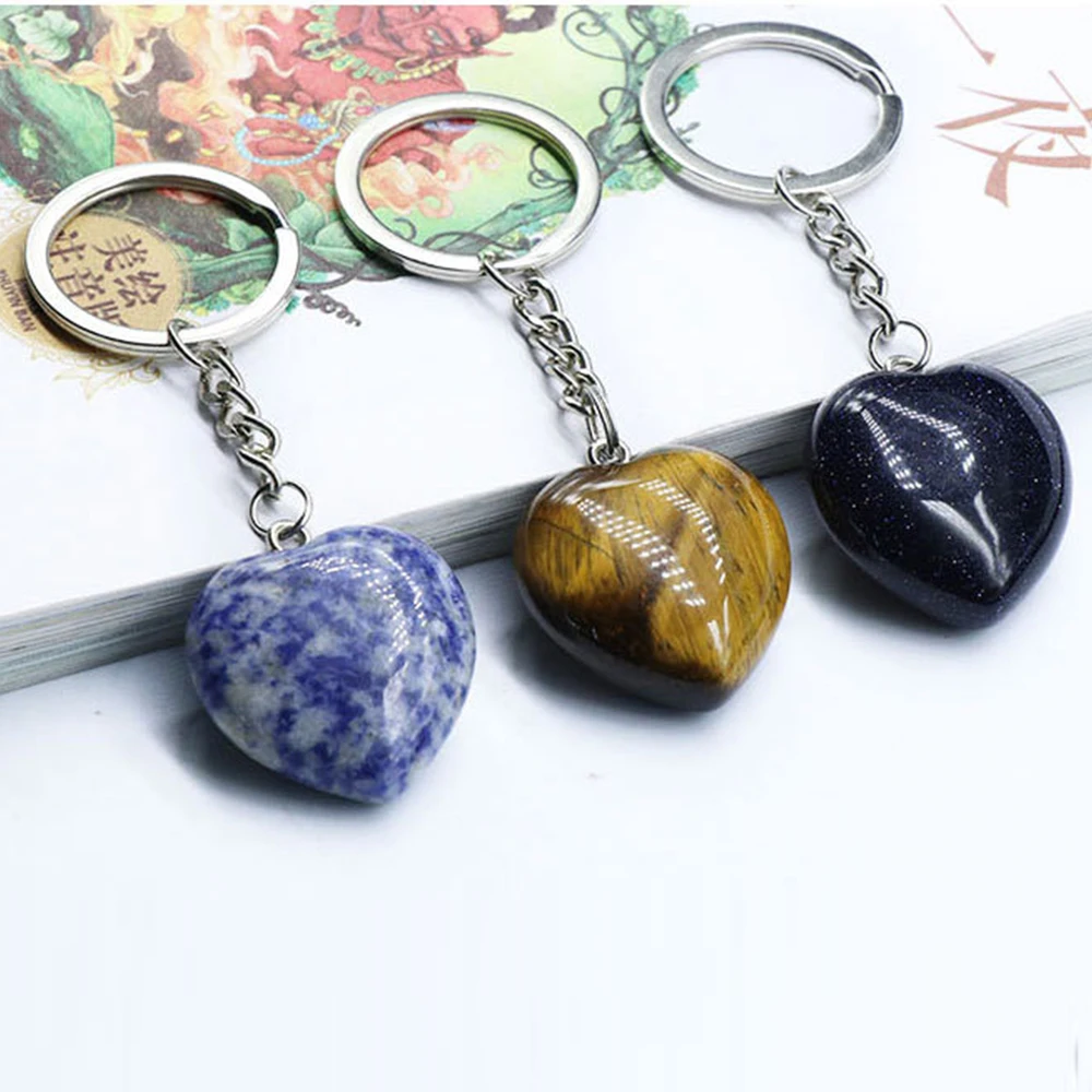 Natural Rose Quartz Crystal Heart-shaped Keyring Aventurine Sodalite Agate Gemstone Keychain Pendant Accessories