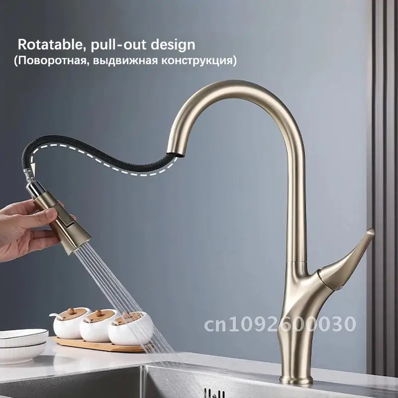 Brushed Gold Pull Out Kitchen Faucet Rotatable Cold Hot Taps Mounted Mixer Faucets Kitchen Handle Water Sink Single Deck
