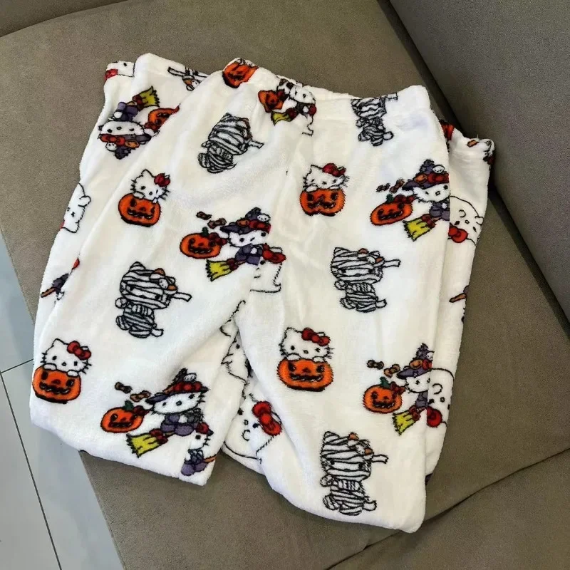 2024 Sanrios Halloween Cartoon Hellokittys Flannel Pajama Pants Anime Kawaii Women Autumn Winter Warm Casual Home Graffiti Pants