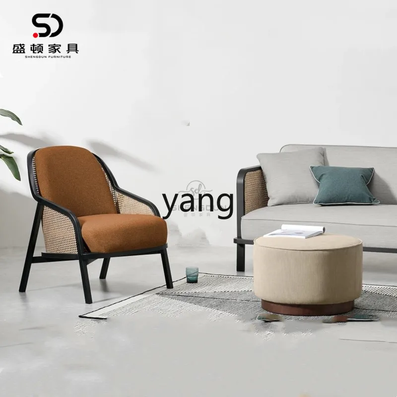 LH  New Chinese-style rattan solid wood fabric single chair B & B cafe leisure chair