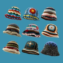 Cute Dopamine Wind Japanese Handmade Crochet Knitted Bucket Hat Rainbow Rhombus Plaid Wool Bucket Winter Basin Hat Bucket Hat