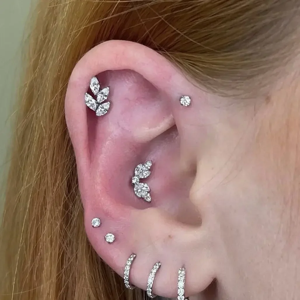 ASTM F136 Titanium 16G 18G EAR Leaf Shape with CZ Top Cartilage Tragus Earrings Ear Lip Helix Studs Tongue Nail Piercing Jewelry