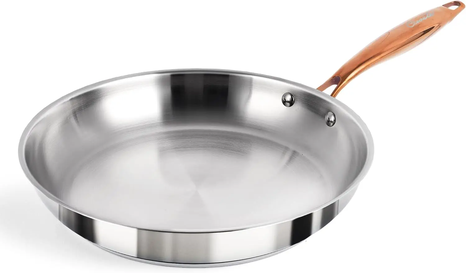 

12-Inch Tri-Ply Stainless Steel Frying Pan with Cool Brass Handle, Oven & Dishwasher Safe