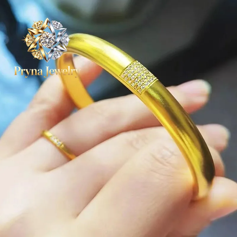 Pryna Jewelry  Luxury 24K 9999 Pure Gold real gold Women's Point Drill Ancient Frosted Rich Round Bracelet Solid Bracelet