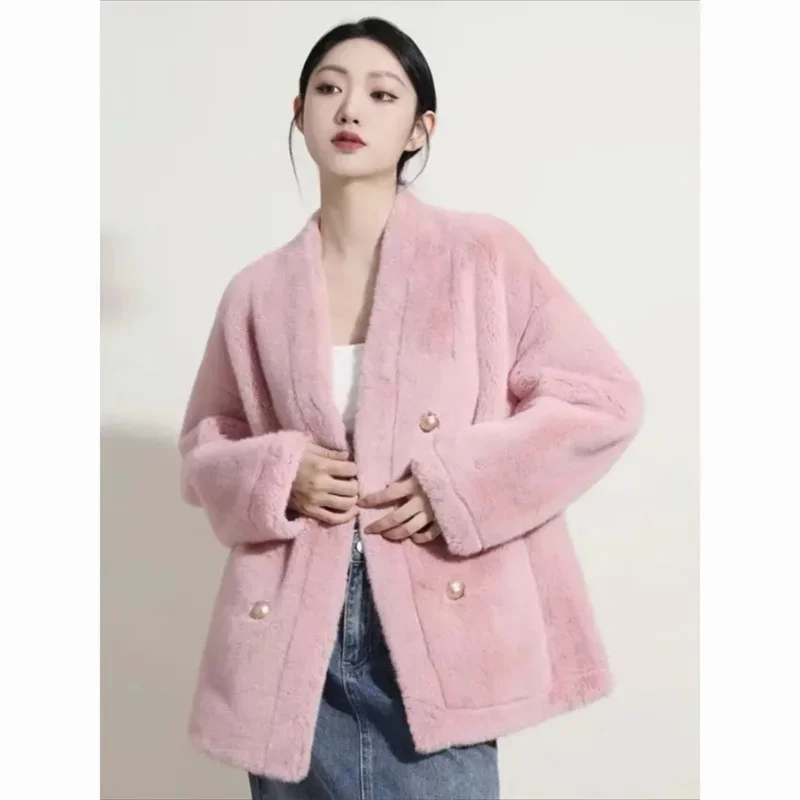 Pop nuevo abrigo de piel 2025 integrado Otoño Invierno joven suelto corto imitación abrigo de piel de visón respetuoso con el medio ambiente chaqueta de piel Pin