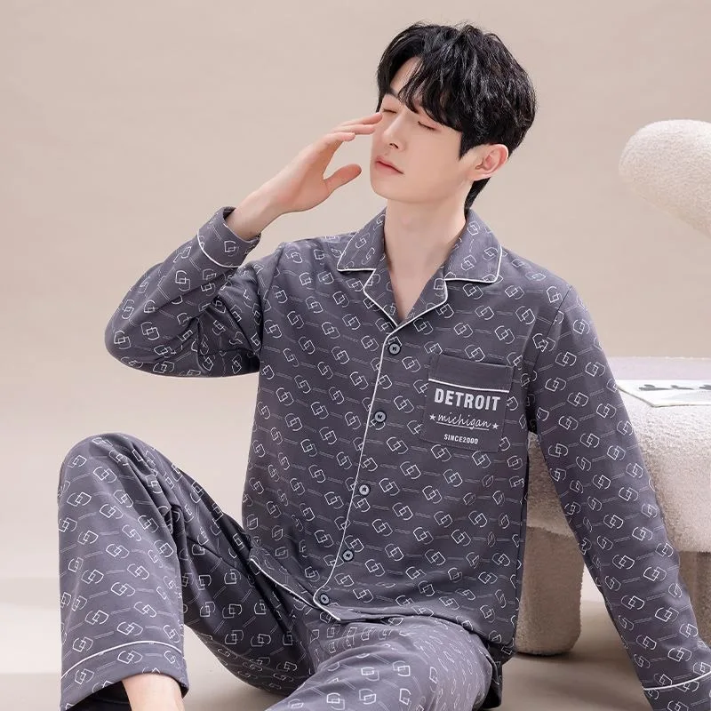 Pajama Men New Spring and Autumn Sleepwear Thin Long-sleeved Children Loungewear V-neck Cardigan Lapel Loose Home Service Suit