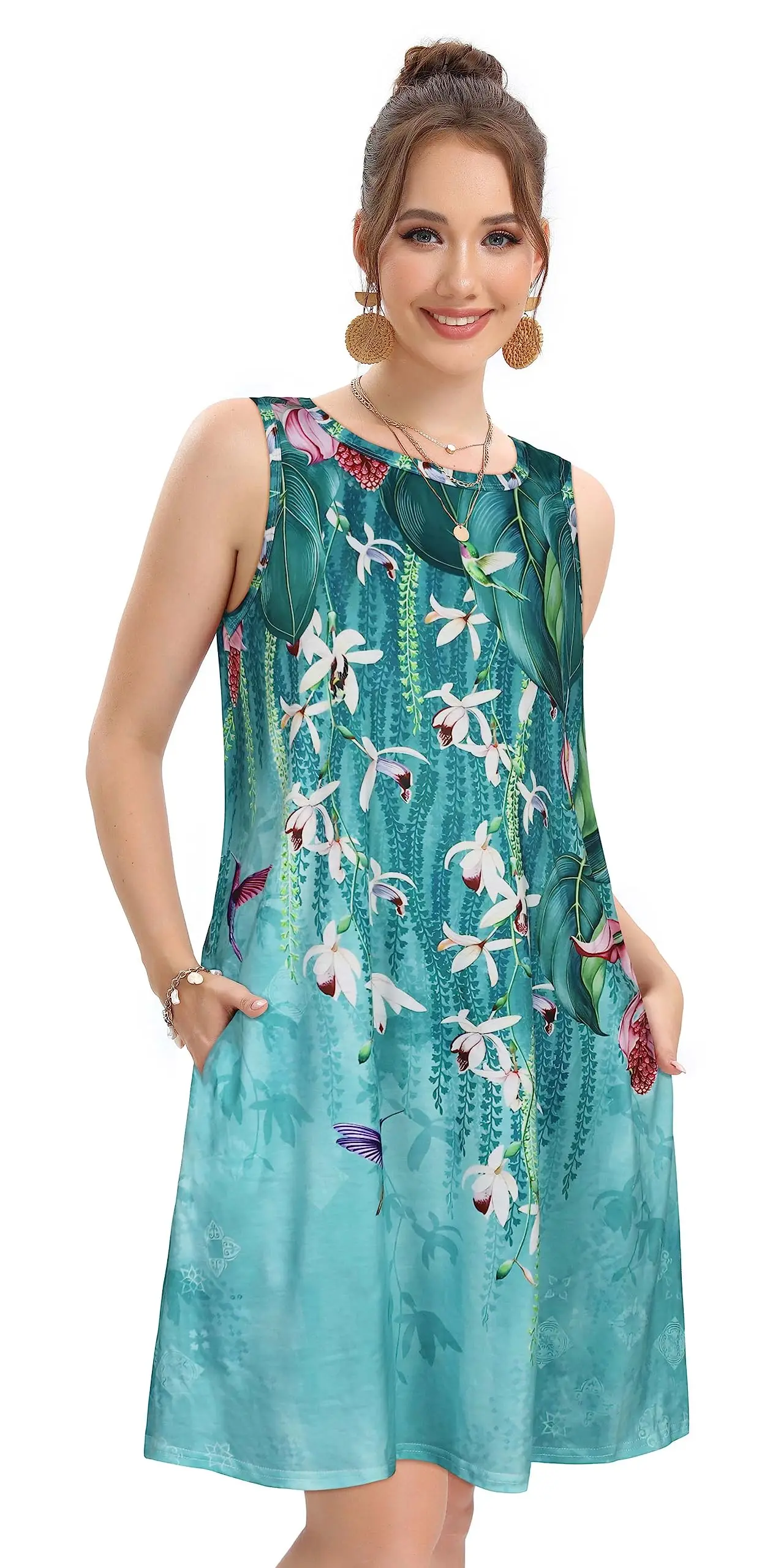 Drooping daffodil print ladies casual fashion sleeveless vest with loose skirt with pockets. Elegant evening gown for women