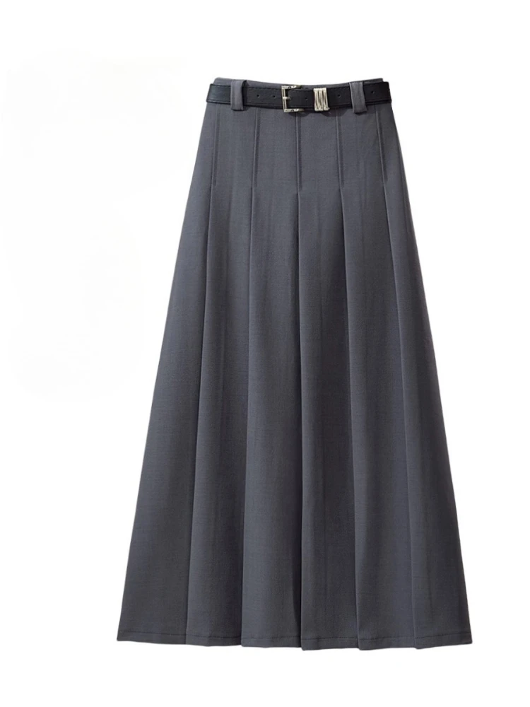 Black Grey Suit Skirt Women High Waist All-match Slim Pleated Skirts Mid-length Skirts A-line Long Skirt Solid Office Lady Dress