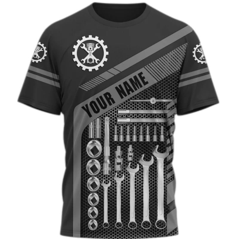

Men's T Shirt Fashion Maintenance Worker Uniform Funny 3D Tool Pattern Customized Name Tops Casual O-neck Loose Short Sleeve Tee