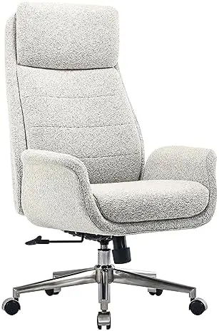 كرسي مكتب تنفيذي عالي الظهر من قماش Pizan Bouclé مريح حديث، رملي فاتح/نيكل مصقول، متوافق مع BIFMA #1