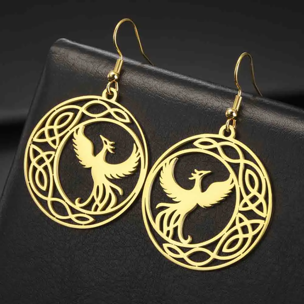 My Shape Phoenix Celtic Knot Drop Earrings for Women Crescent Moon Beautiful Fire Bird Dangle Earring Stainless Steel Jewelry