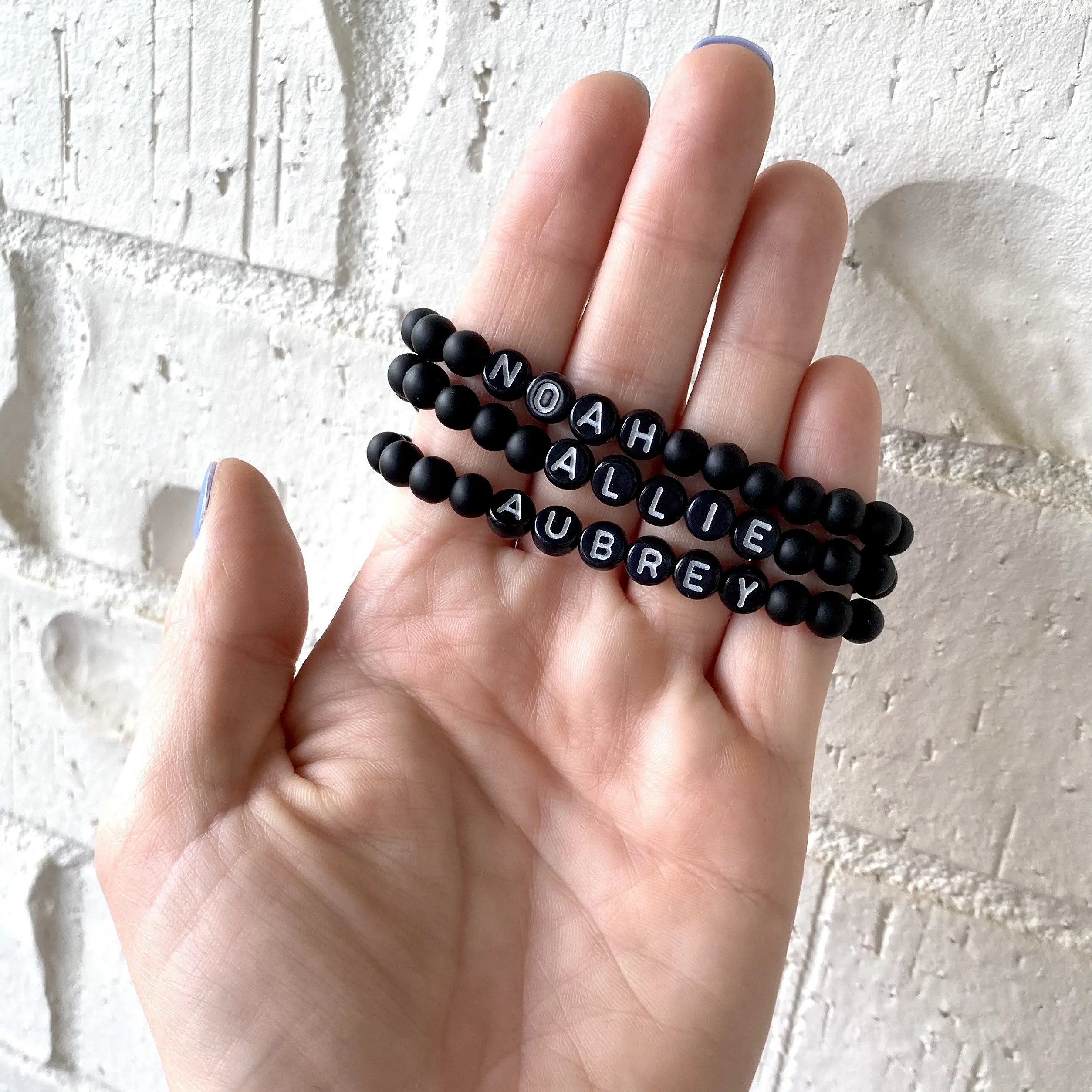 

Matte Black Bead Name Bracelet, Black Bead Stretch Bracelet With Name, Black Letter Beads, 1pc