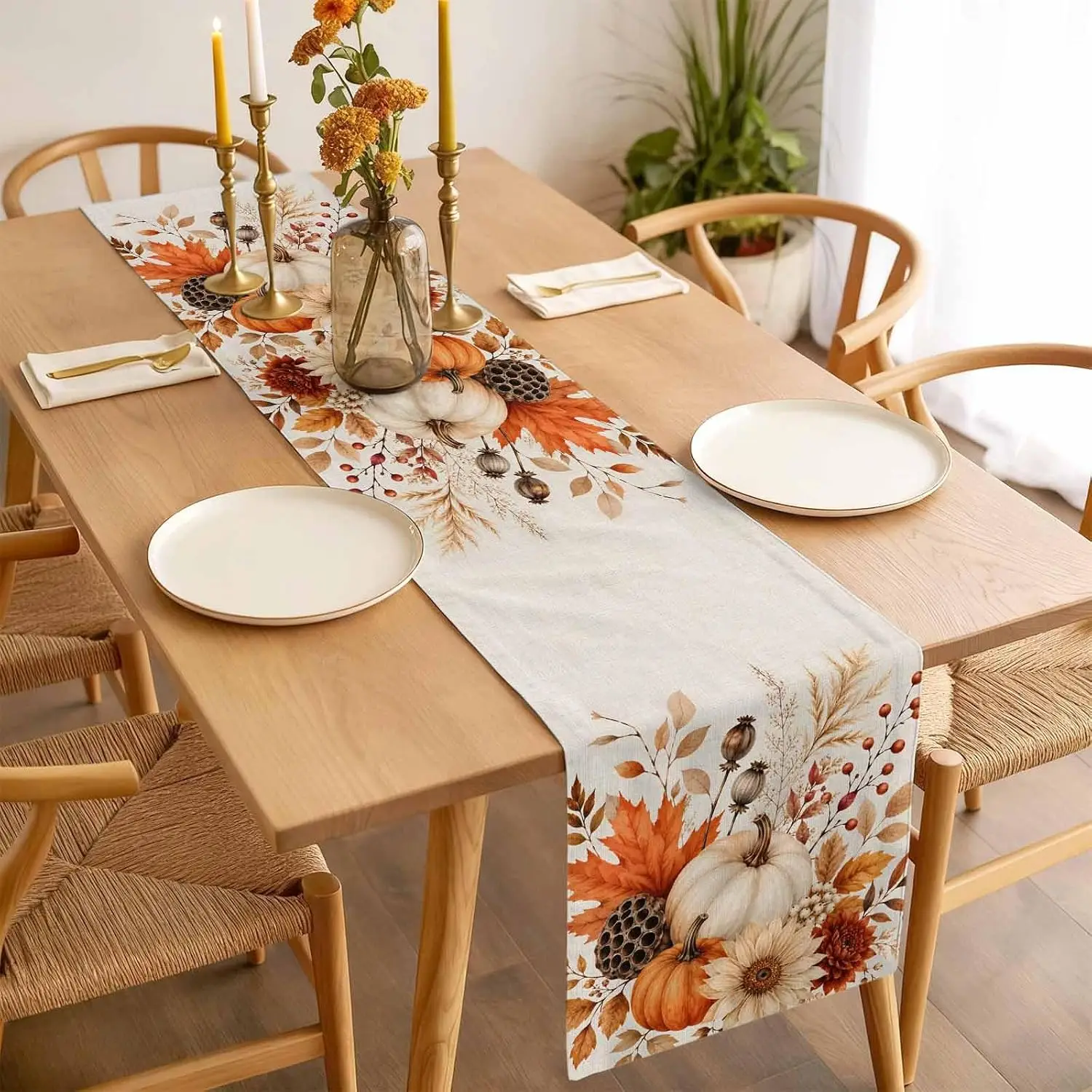 Fall Harvest Pumpkin Maple Leaves Berry Linen Table Runner Party Decor Reusable Kitchen Dining Table Runner Autumn Decorations