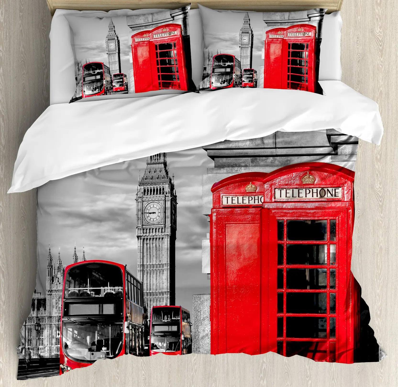 

London Duvet Cover Set London Telephone Booth In The Street Traditional Local Cultural England UK Retro King Size Bedding Set