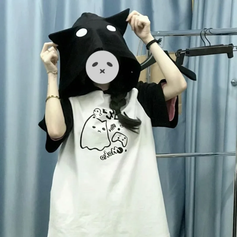 Korean Kawaii Cat Ears Hoodie Tops Women Y2k Short Sleeve Sweatshirts T-shirts 2024 Summer New Mid-length Loose Pullovers