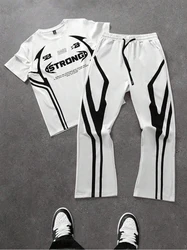 Men's Trendy Two Piece Fashion Hip Hop STRONG Letter Printed Crew Neck T-Shirt and Trousers Set Hip Hop Wear Men's Clothing