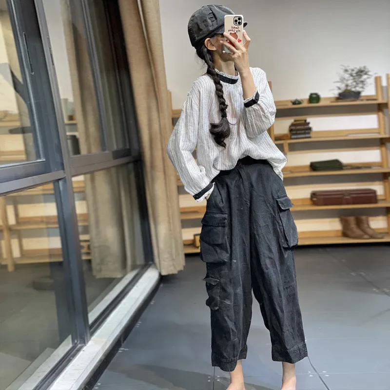 Autumn Korean Style Loose Fashionable Color-Block Casual Versatile Striped Linen Long Sleeve Shirt for Women