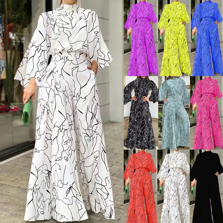 Autumn New Women\'s Jumpsuit Sexy Half Neck Long Sleeve Art Print Jumpsuit High Street Jumpsuit Wide Leg Jumpsuit 19 Colors