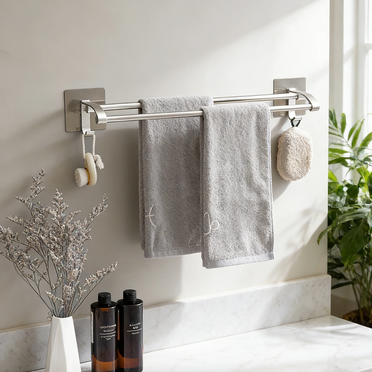 

Stainless Steel No Drill Towel Bar, Double Rod Wall Mounted Towel Rack for Bathroom