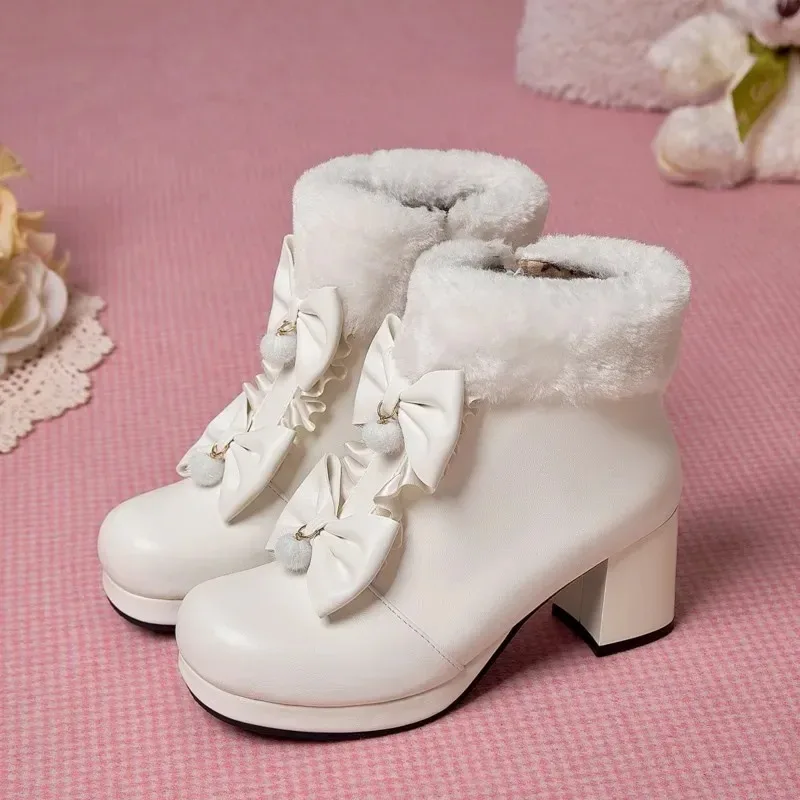 2025 Winter Womens Fashion High Heel Boots Pink White Black Fur Tassel Bowtie Lovely Lolita Ladies Party Wedding Shoes Size 43