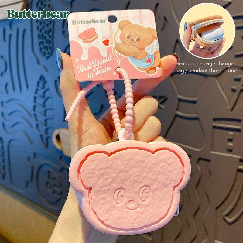 Cute Butter Bear Cookie Silicone Coin Purse Keychain Women\'s Gift Delicate Earphone Bag Storage Bag Pink Bear Animal Key Chain