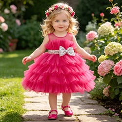 Toddler Sequin Party Baby Girl Dresses Tulle Bow Wedding 1st Birthday Baptism Princess Dress for Kids Wedding Prom Gown 2-8 Yrs