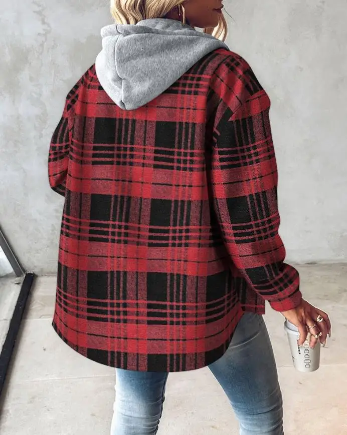 

Women's Jacket Plaid Print Button Front Pocket Design Drawstring Hoodie Jacket Casual Asymmetrical Hem Thermal Lined Shirt Coat