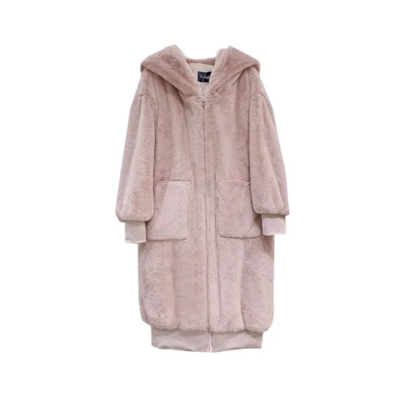 Cappotto in pelliccia sintetica autunno inverno donna 2025 giacca casual lunga allentata con cappuccio grande tasca bidirezionale con cerniera calda capispalla in peluche