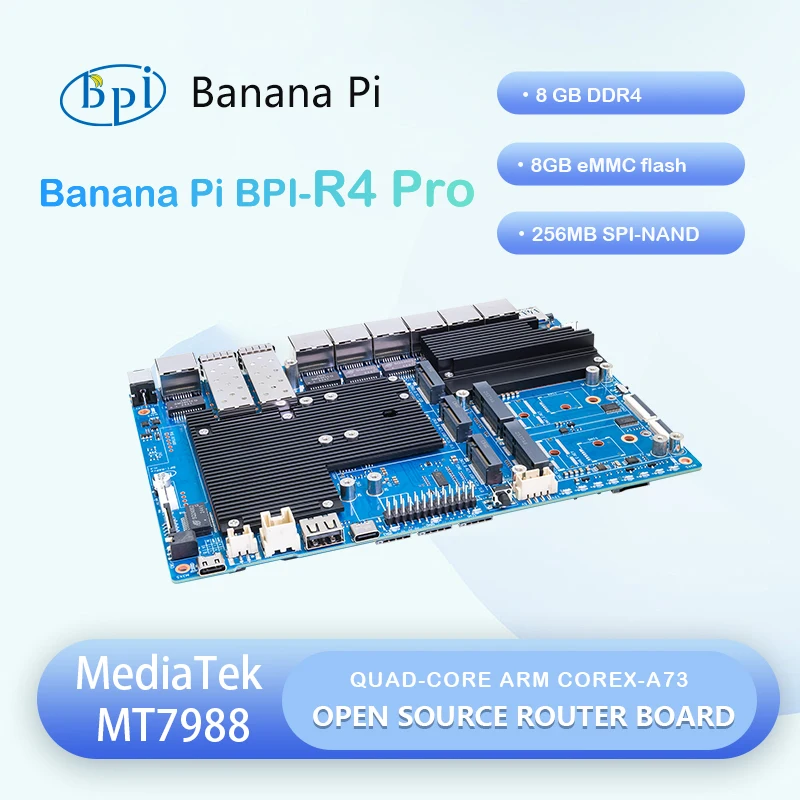 

Banana Pi BPI-R4 PRO MediaTek MT7988A (Filogic 880) Quad-core Arm Corex-A7 8GB DDR4 8GB eMMC Wifi7 Router Board Home Automation