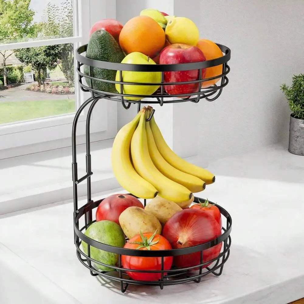 2-Tier Metal Fruit Basket With Banana Hanger, Countertop Fruit Vegetable Storage Organizer, Multifunctional Kitchen Produce Rack