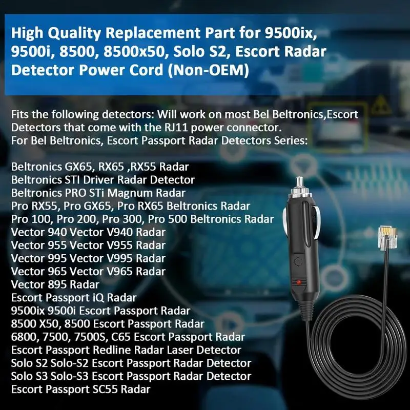 Radar Detector Adapter Cable 12V 2A Radar Detector Lighters to Rj11 Adapter Straight Power Cord Replacement Connecting Cables