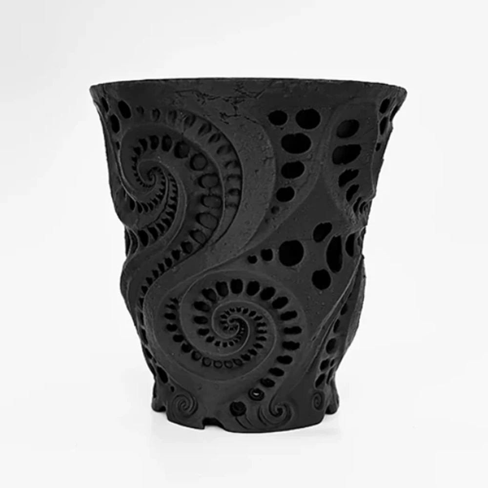 Resin Planter Pot, Matte Black Cylindrical Flower Vase with Spiral Hollow Relief