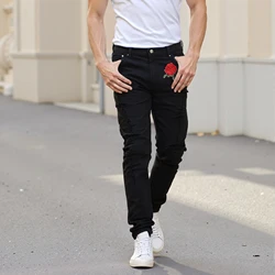 Jeans rasgado com flores bordadas para homem, calça jeans stretch, calça skinny, preta, nova