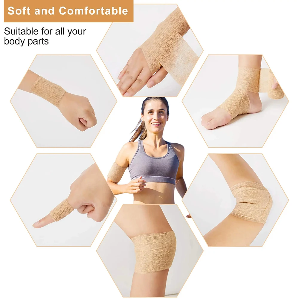 12 Rollen medizinischer Klebeverband, elastisch, atmungsaktiv, selbstklebendes Sportband, beige Wickelfingerband für Erste Hilfe am Handgelenk, Knöchel – Detail 8