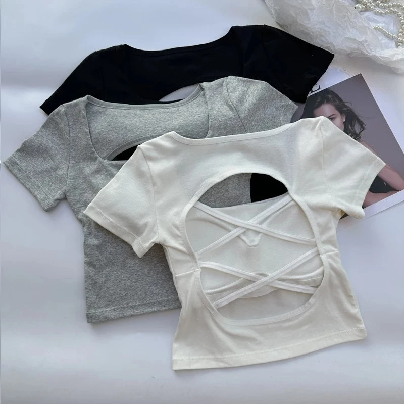 T-shirt Woman Clothing Square Neckline Tops Short Sleeve Crop Top with Bras for Women Girls Sexy Street Wear Backless Top Tees