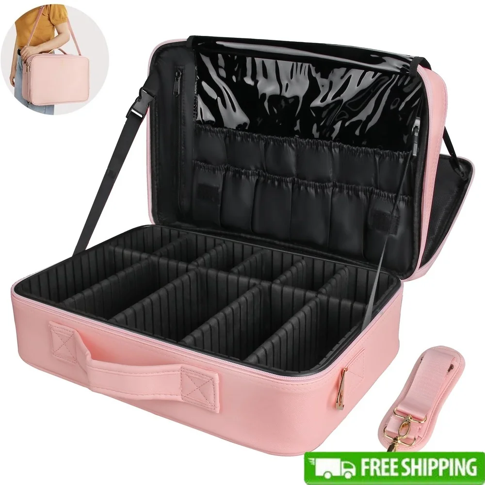 

3 Layer Cosmetic Organizer Makeup Case with Shoulder Strap Large PU Leather Beauty Artist Storage Brush Box Durable Zipper