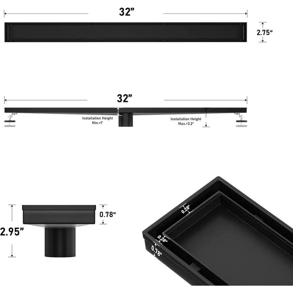 32 매트 블랙 선형 샤워 배수구로 욕실을 업그레이드하세요 - 빠른 물 흐름, 타일 친화적, 스테인리스 스틸, 머리카락 거름망 I