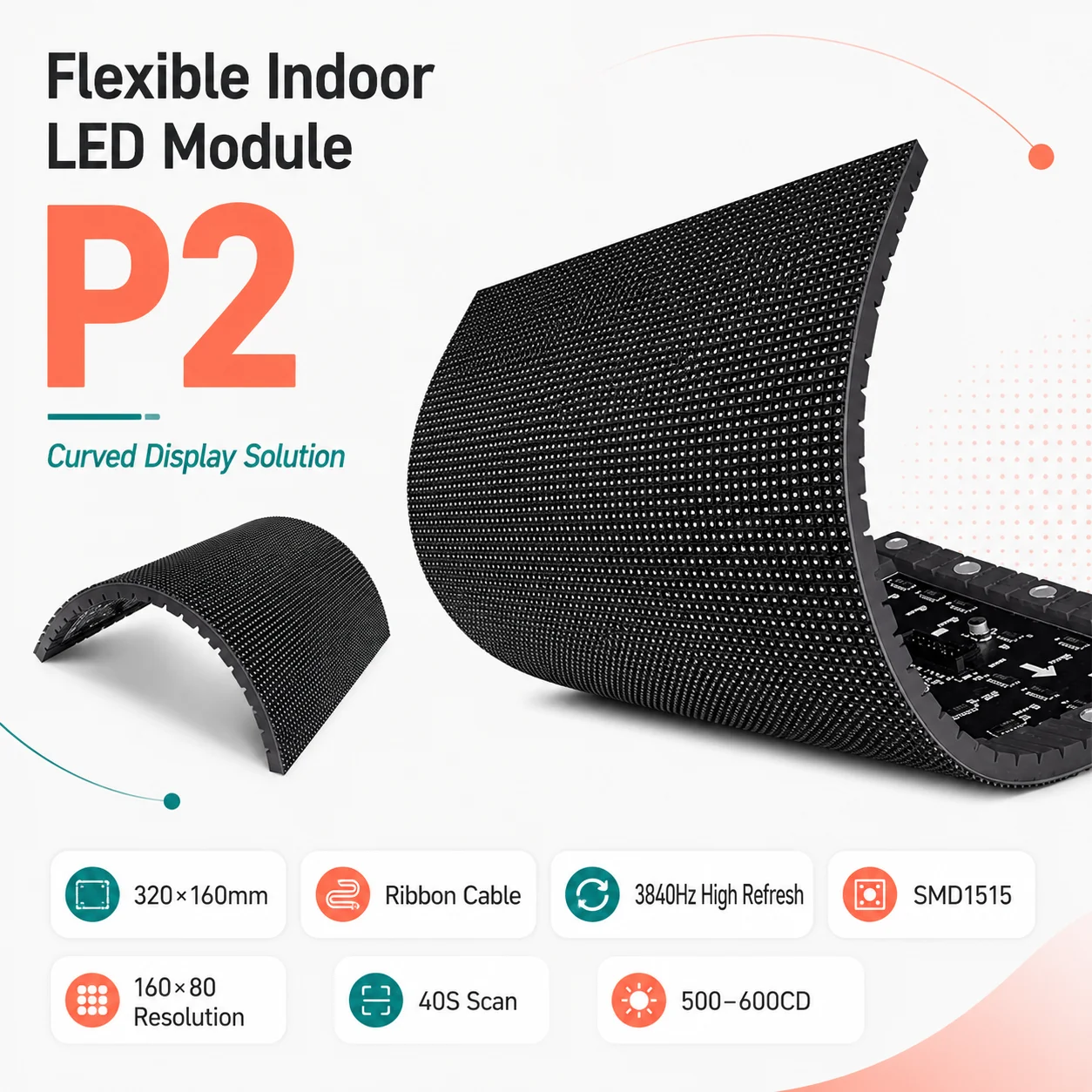 Indoor P2 Soft LED Screen Module Full Color Flexible LED Display Panel 320x160mm LED Matrix RGB Panel