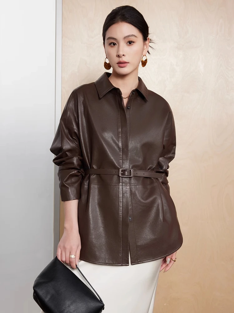 

Casual Genuine Leather Shirt Jackets for Women Spring Autumn 2026 New High-end Simple Solid Soft Real Sheepskin Coat with Belt
