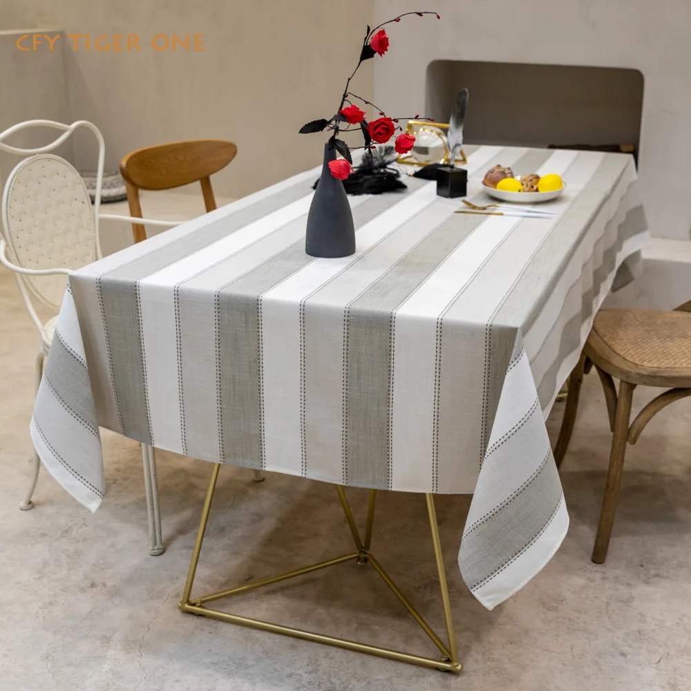 Cotton Linen European Style Striped Tablecloth  Antifouling Rectangular Tablecloth Oil Resistant Coffee Table Mat Table Cover