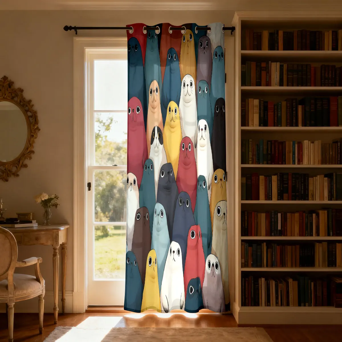 1pcs 90g brushed fabric curtain with a colorful cartoon seal pattern densely arranged, suitable for home decoration