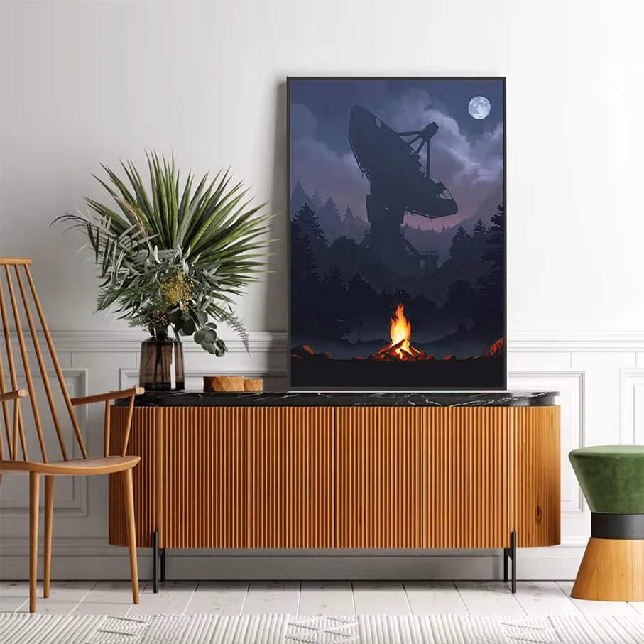 Sci-Fi Satellite Dish Night Forest Canvas Print, Campfire Full Moon Wall Art, Digital Painting Poster Home Decor