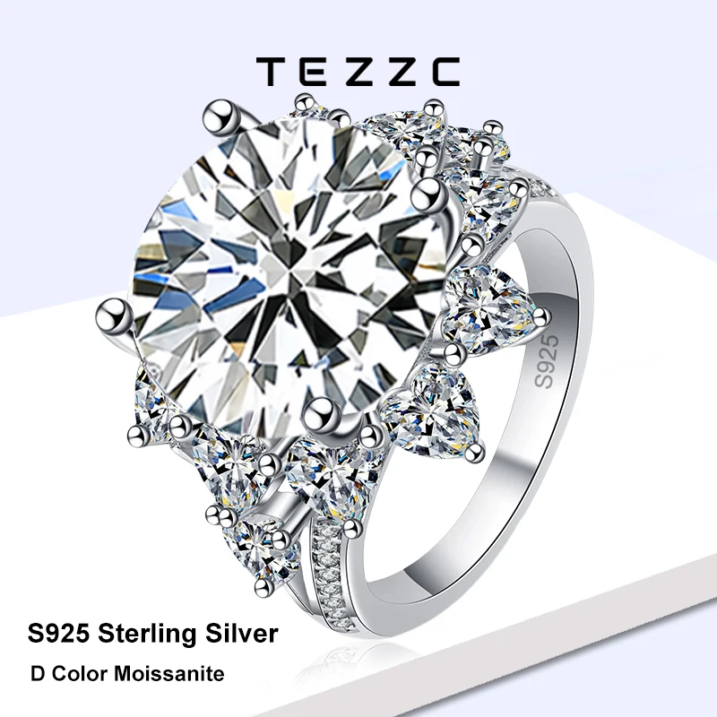 Tezzc 10 Carat Moissanite Ring For Women Oversized Diamond With Certificate 925 Sterling Silver Engagement Wedding Jewelry