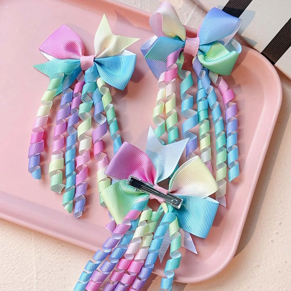 Заколки для волос для девочек, головные уборы, 2 шт., милый Радужный градиентный бант с кисточками, идеально подходят для вечеринок по случаю дня рождения, повседневная мода, новинка