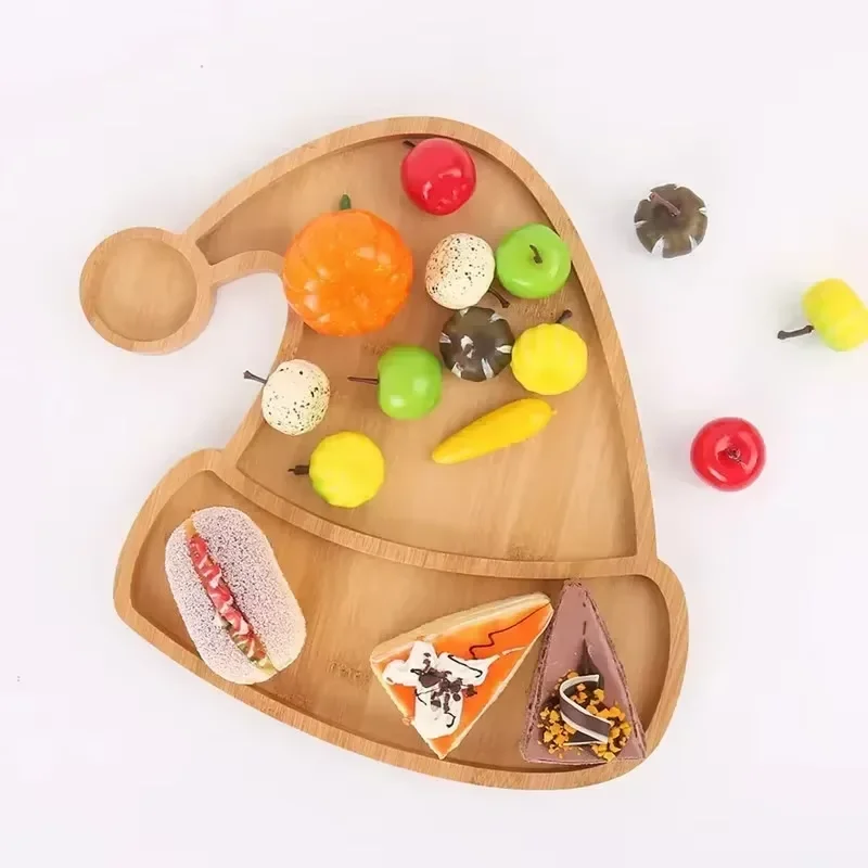 Christmas Decoration Tray, Washable Tree Hat Shape Dessert Board, Wooden Multi grid Christmas Tree Tray Plate Household