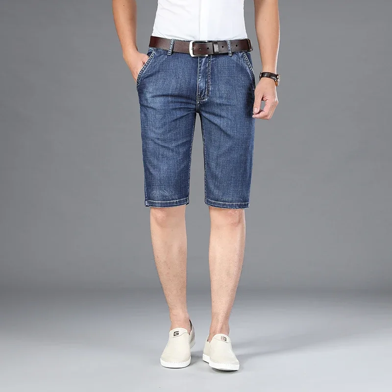 Pop Brand Men Business Denim Shorts Summer Thin Lyocell Straight Casual Short Jeans Slim Work Male Clothes Short Pants